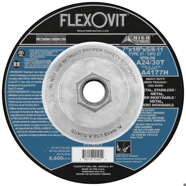 Flexovit HP Heavy Duty Depressed Center Wheel, 7 in Dia x 1/8 in THK, A24T Grit, Aluminum Oxide Abrasive A4177H - main